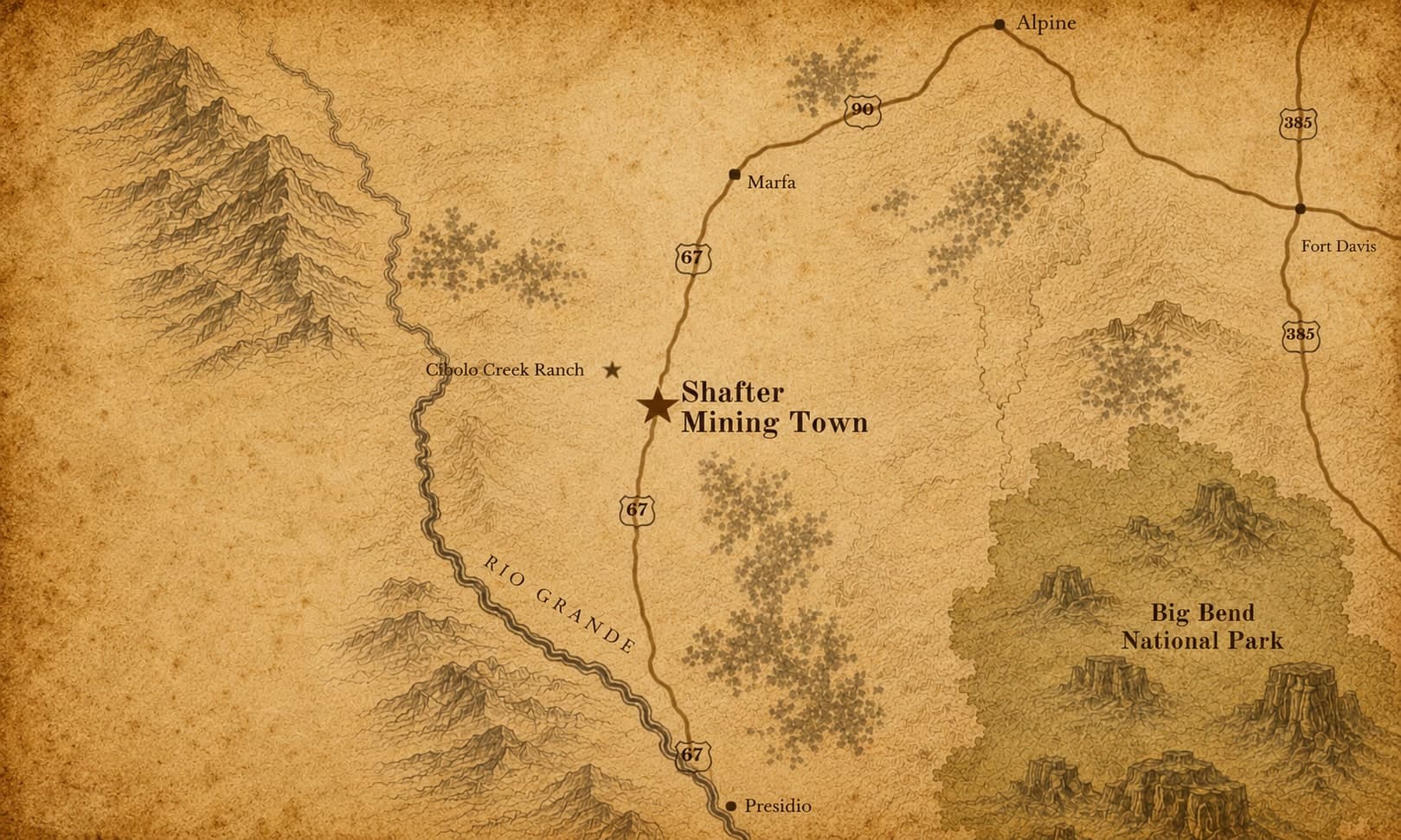 Illustrated map of the Shafter region — Marfa, Presidio, Fort Davis, Alpine and Big Bend National Park