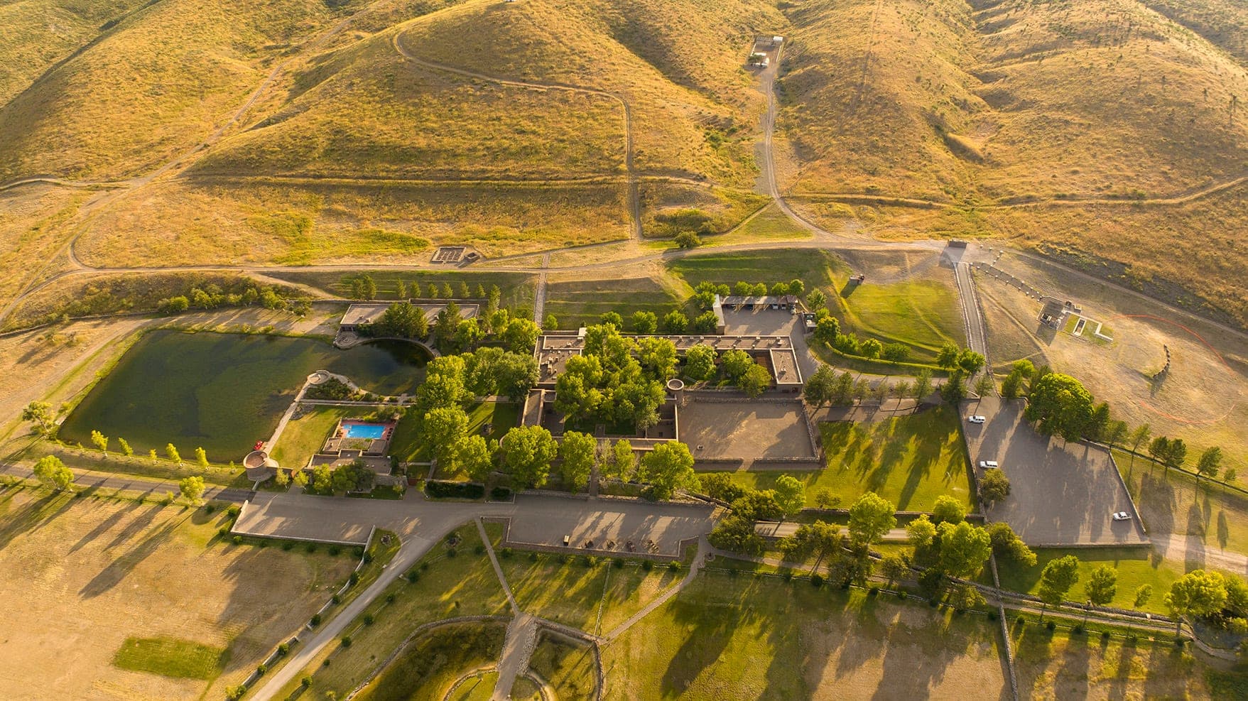 Aerial view of the restored fort at Cienega, one of the Foundation's three historic forts